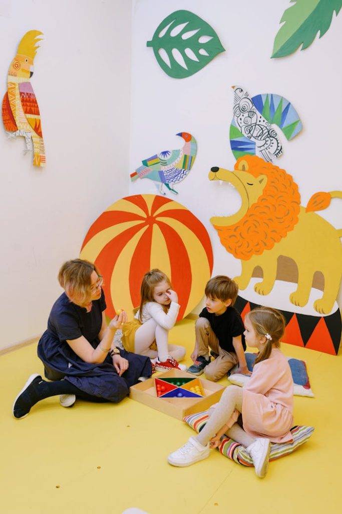 Children and teacher engaging in creative play in a colorful preschool classroom.